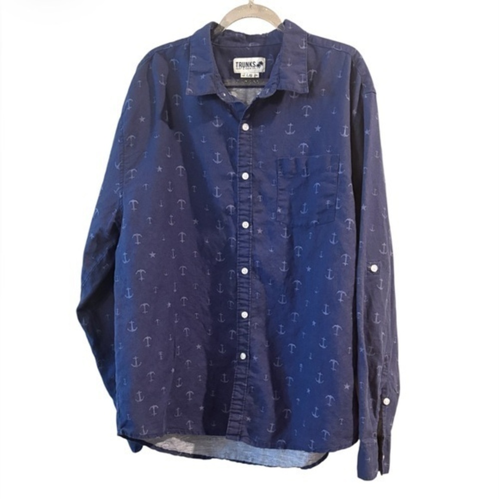 Trunks Surf & Swim Co Anchor Print Button Down Shirt Navy Beach Coastal Large